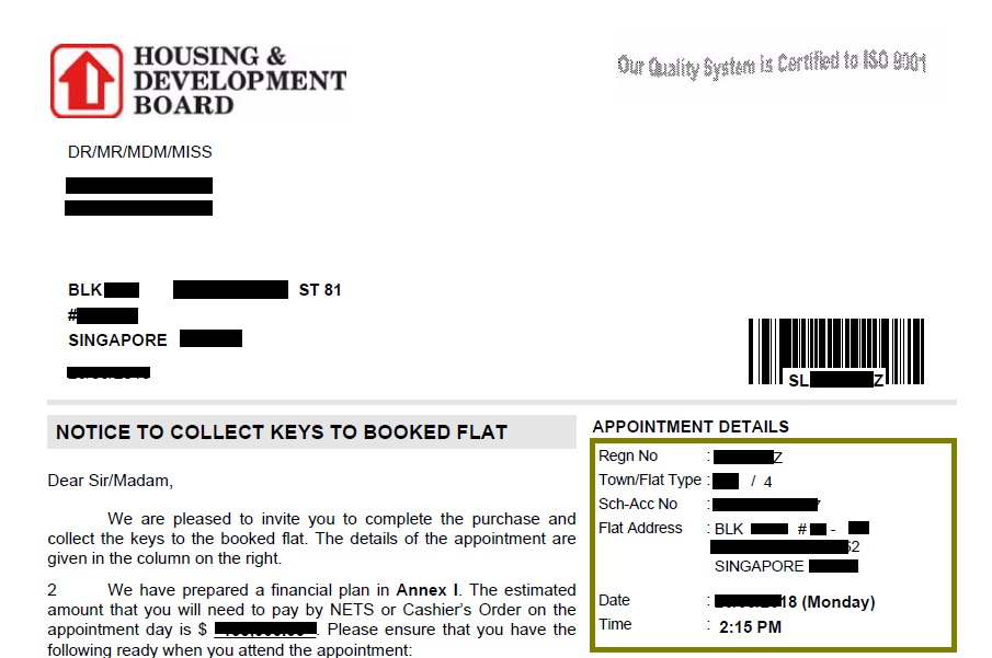 Notice to collect keys to booked flat